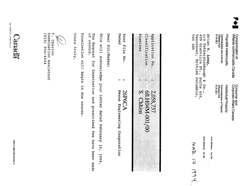Document de brevet canadien 2058737. Correspondance 19931217. Image 1 de 1