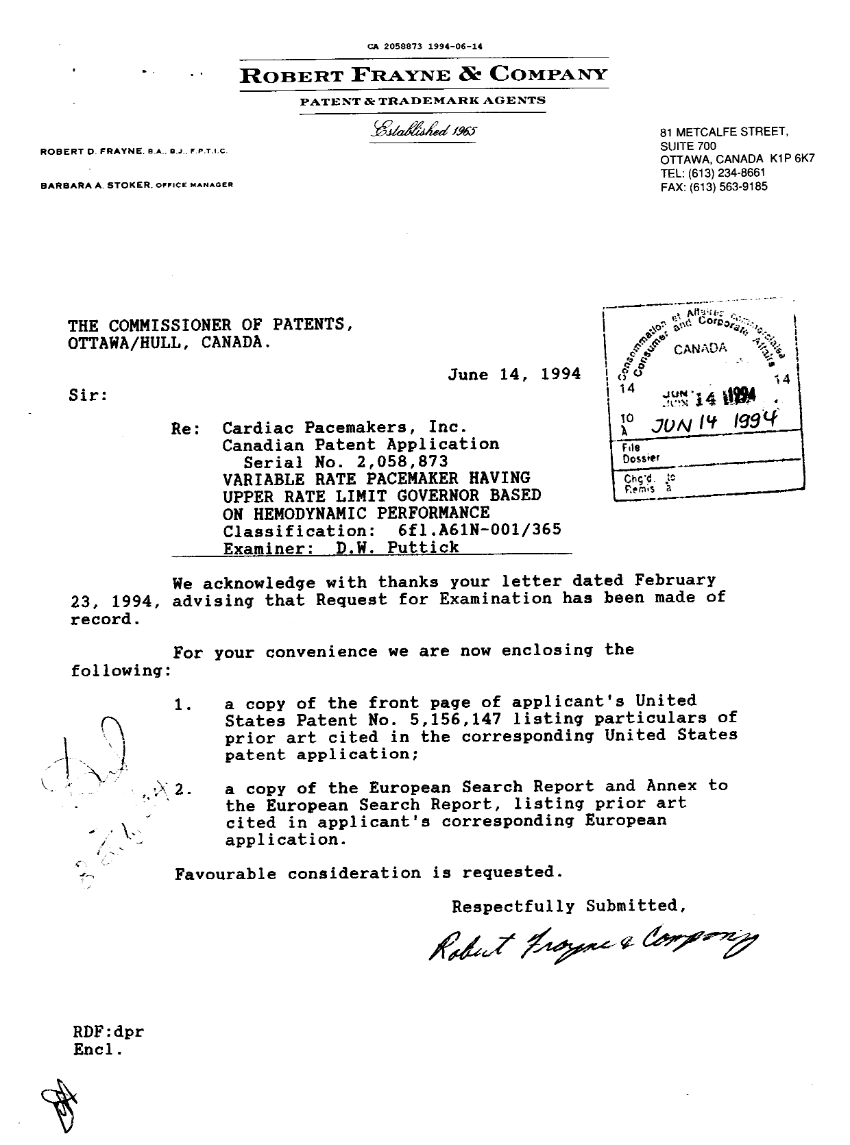 Canadian Patent Document 2058873. Prosecution Correspondence 19940614. Image 1 of 1