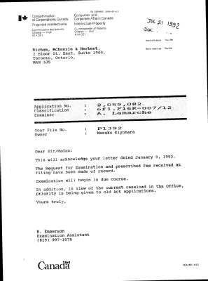 Document de brevet canadien 2059082. Lettre du bureau 19920721. Image 1 de 1
