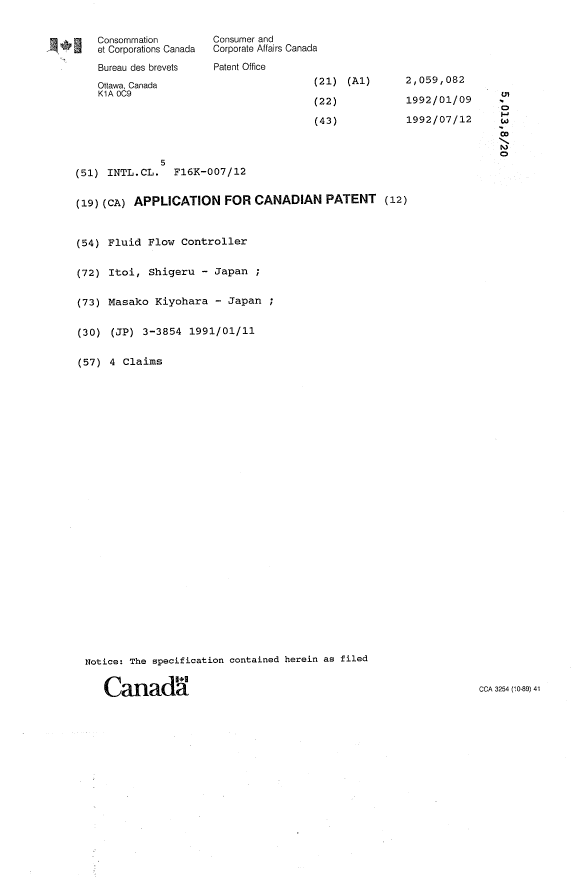 Canadian Patent Document 2059082. Cover Page 19931204. Image 1 of 1