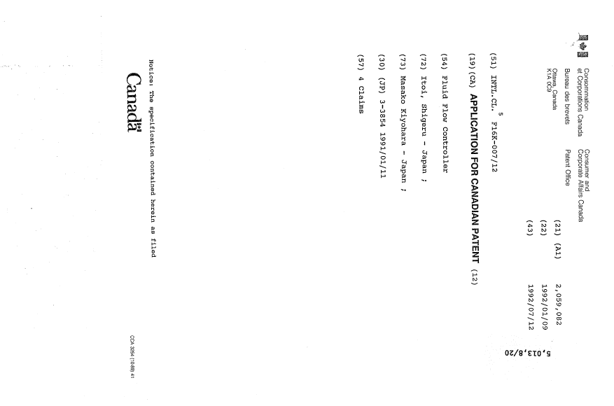 Document de brevet canadien 2059082. Page couverture 19931204. Image 1 de 1