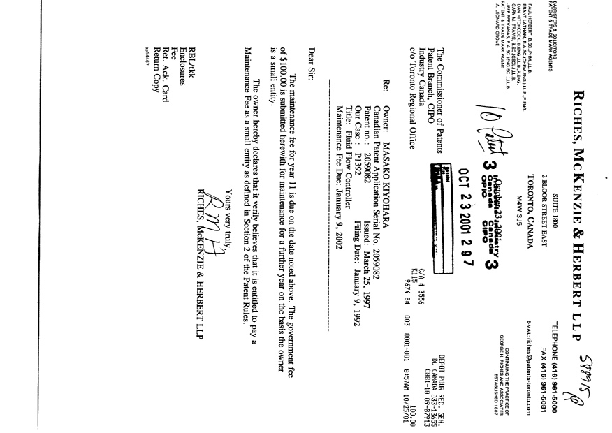 Document de brevet canadien 2059082. Taxes 20011023. Image 1 de 1