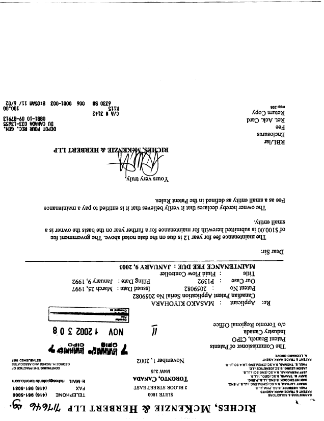 Canadian Patent Document 2059082. Fees 20021101. Image 1 of 1