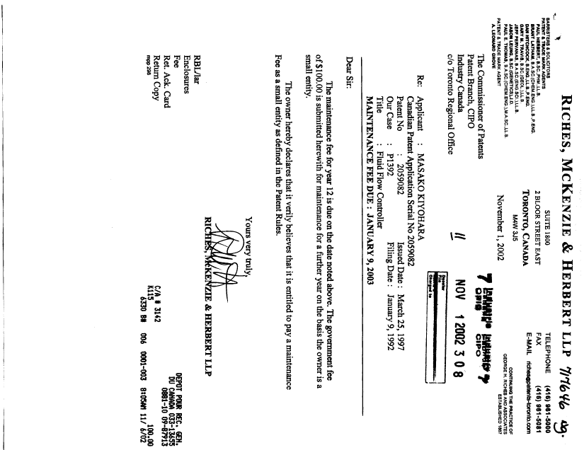 Document de brevet canadien 2059082. Taxes 20021101. Image 1 de 1
