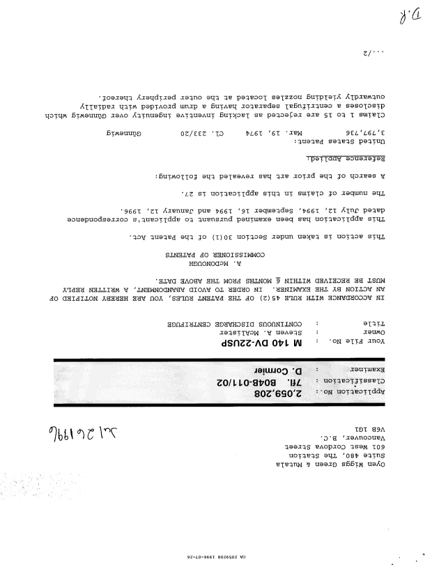 Canadian Patent Document 2059208. Examiner Requisition 19960726. Image 1 of 2