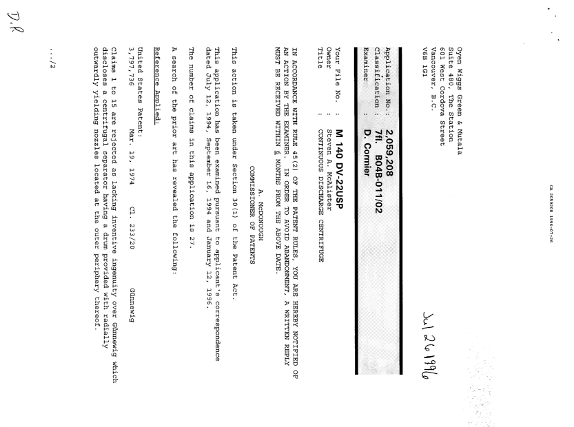 Document de brevet canadien 2059208. Demande d'examen 19960726. Image 1 de 2