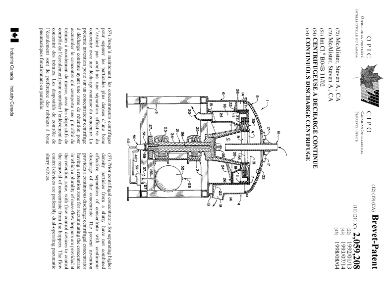 Document de brevet canadien 2059208. Page couverture 19980721. Image 1 de 1