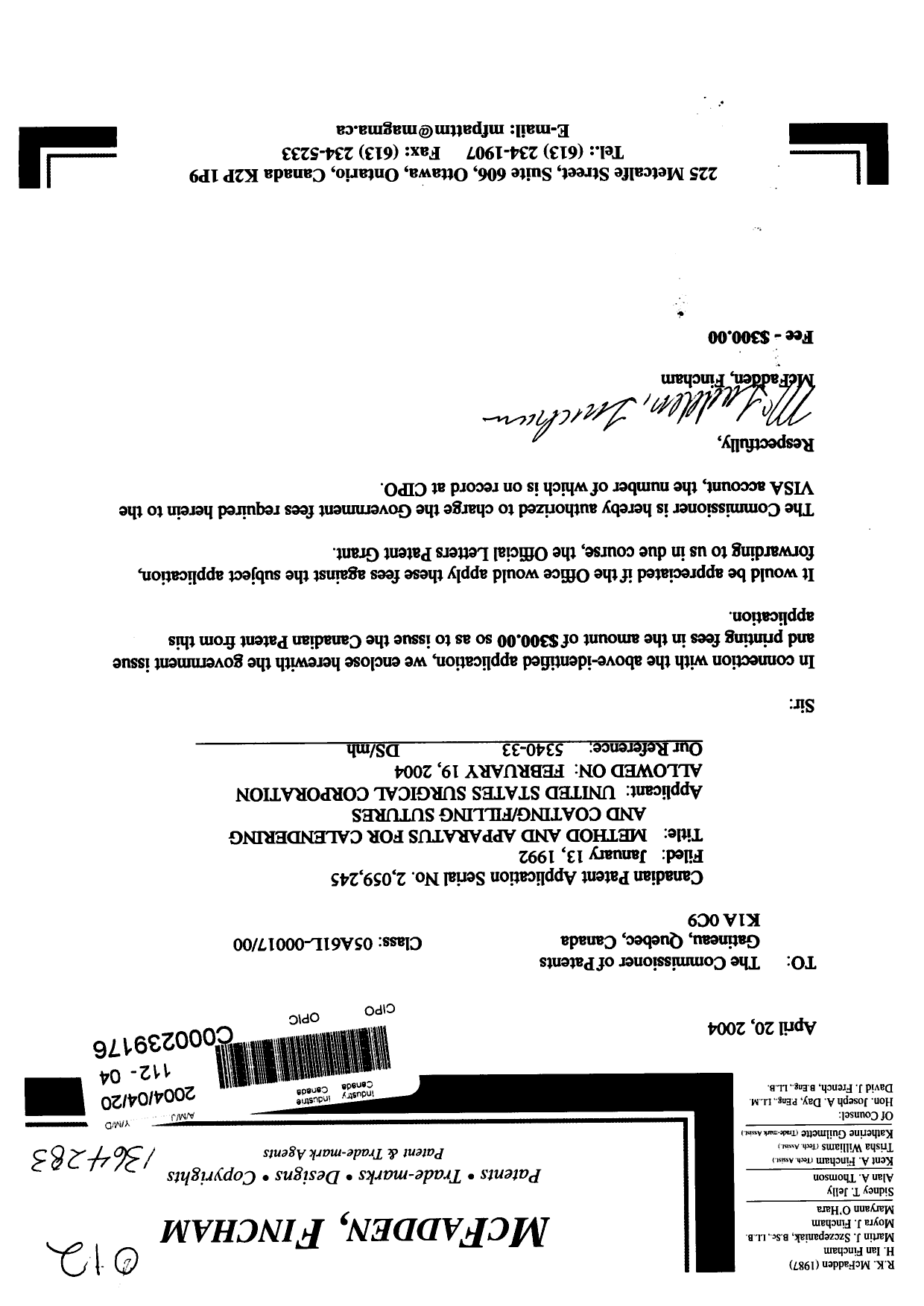 Canadian Patent Document 2059245. Correspondence 20031220. Image 1 of 1