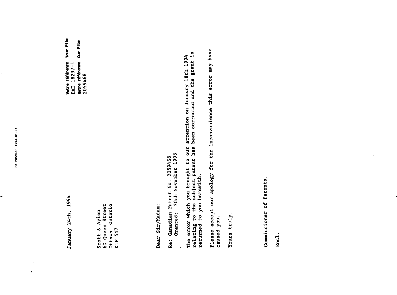 Canadian Patent Document 2059468. Correspondence 19931224. Image 1 of 1