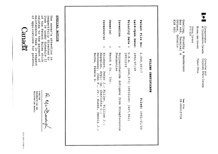 Canadian Patent Document 2059693. Assignment 19920120. Image 9 of 9