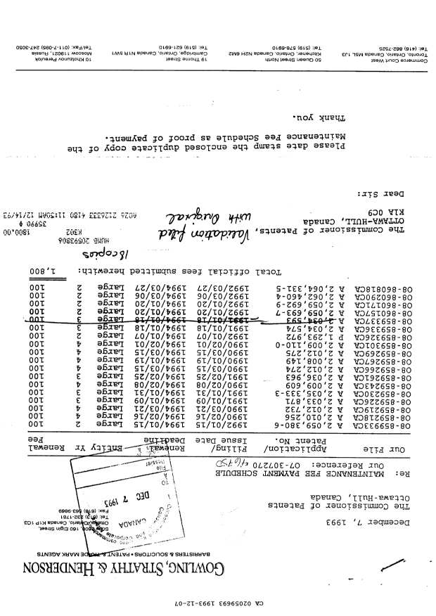 Canadian Patent Document 2059693. Fees 19931207. Image 1 of 1