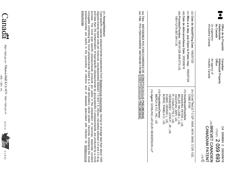 Canadian Patent Document 2059693. Cover Page 20030716. Image 1 of 1