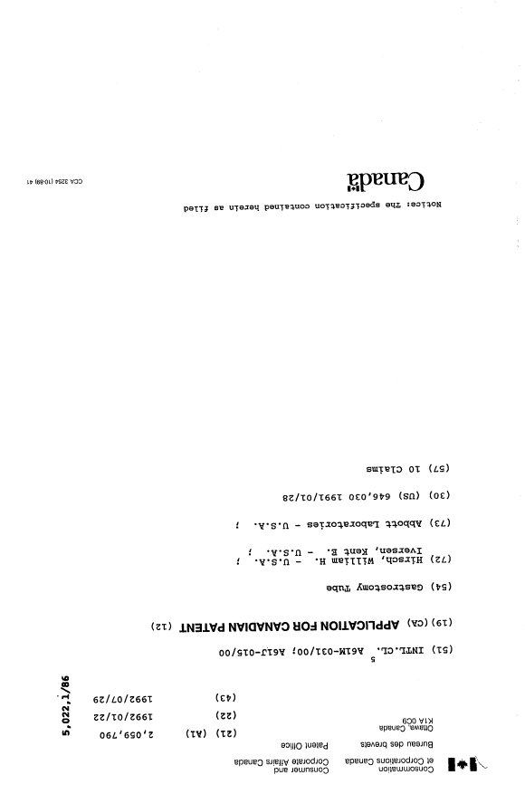 Canadian Patent Document 2059790. Cover Page 19931214. Image 1 of 1