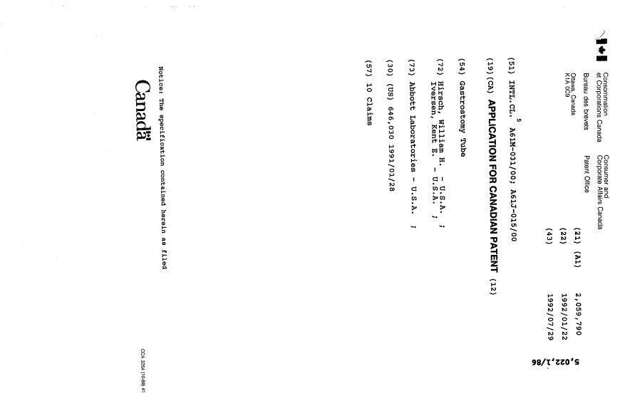 Document de brevet canadien 2059790. Page couverture 19931214. Image 1 de 1
