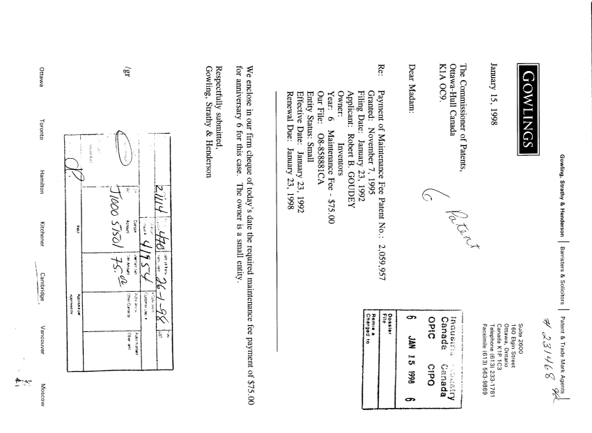 Document de brevet canadien 2059957. Taxes 19980115. Image 1 de 1
