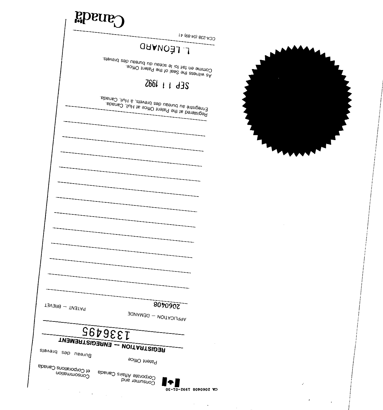 Canadian Patent Document 2060408. Prosecution Correspondence 19920130. Image 1 of 10