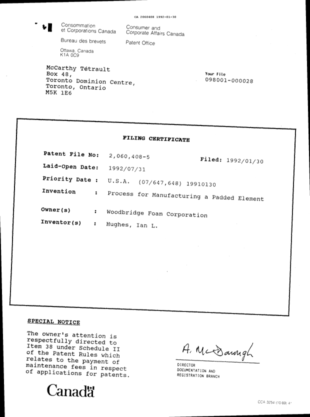 Canadian Patent Document 2060408. Prosecution Correspondence 19920130. Image 2 of 10