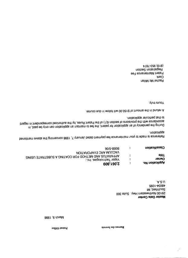 Document de brevet canadien 2061809. Correspondance 19980309. Image 1 de 1