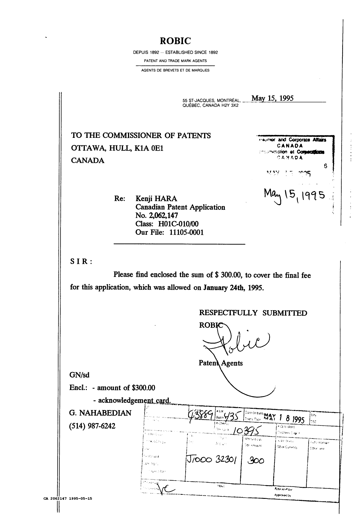 Document de brevet canadien 2062147. Correspondance reliée au PCT 19950515. Image 1 de 1