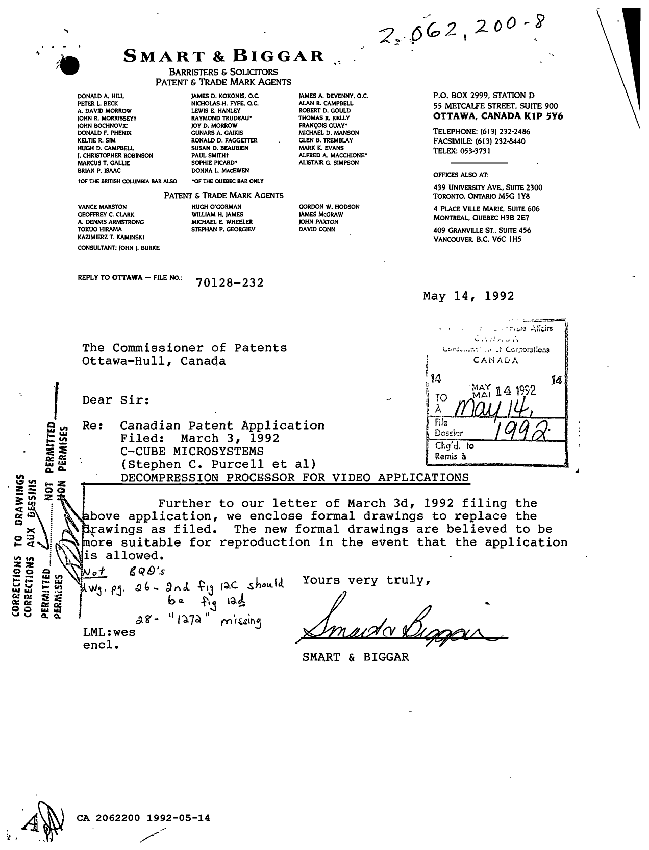 Document de brevet canadien 2062200. Correspondance de la poursuite 19920514. Image 1 de 1
