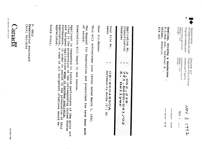 Document de brevet canadien 2062238. Correspondance 19911203. Image 1 de 1