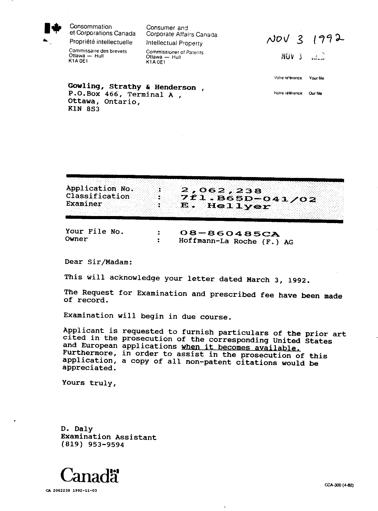Document de brevet canadien 2062238. Correspondance 19911203. Image 1 de 1