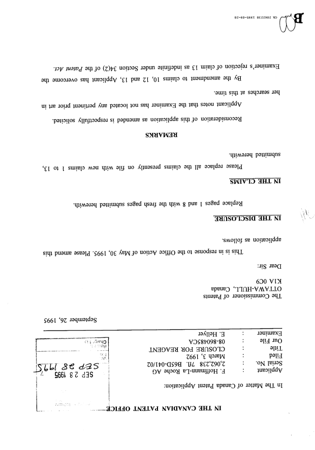 Document de brevet canadien 2062238. Poursuite-Amendment 19941228. Image 1 de 2
