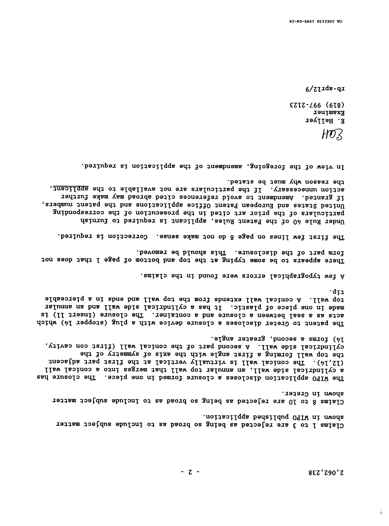 Document de brevet canadien 2062238. Poursuite-Amendment 19941228. Image 2 de 2