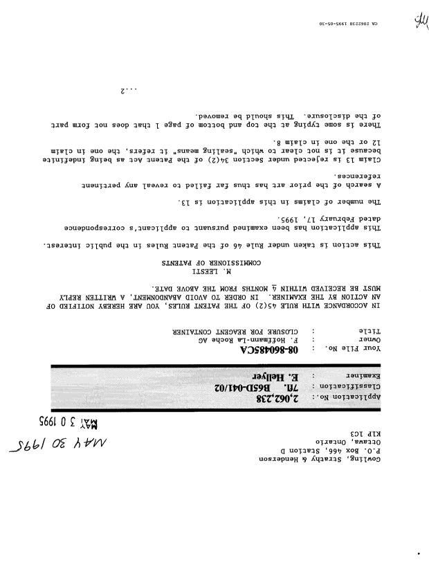 Document de brevet canadien 2062238. Poursuite-Amendment 19941230. Image 1 de 2