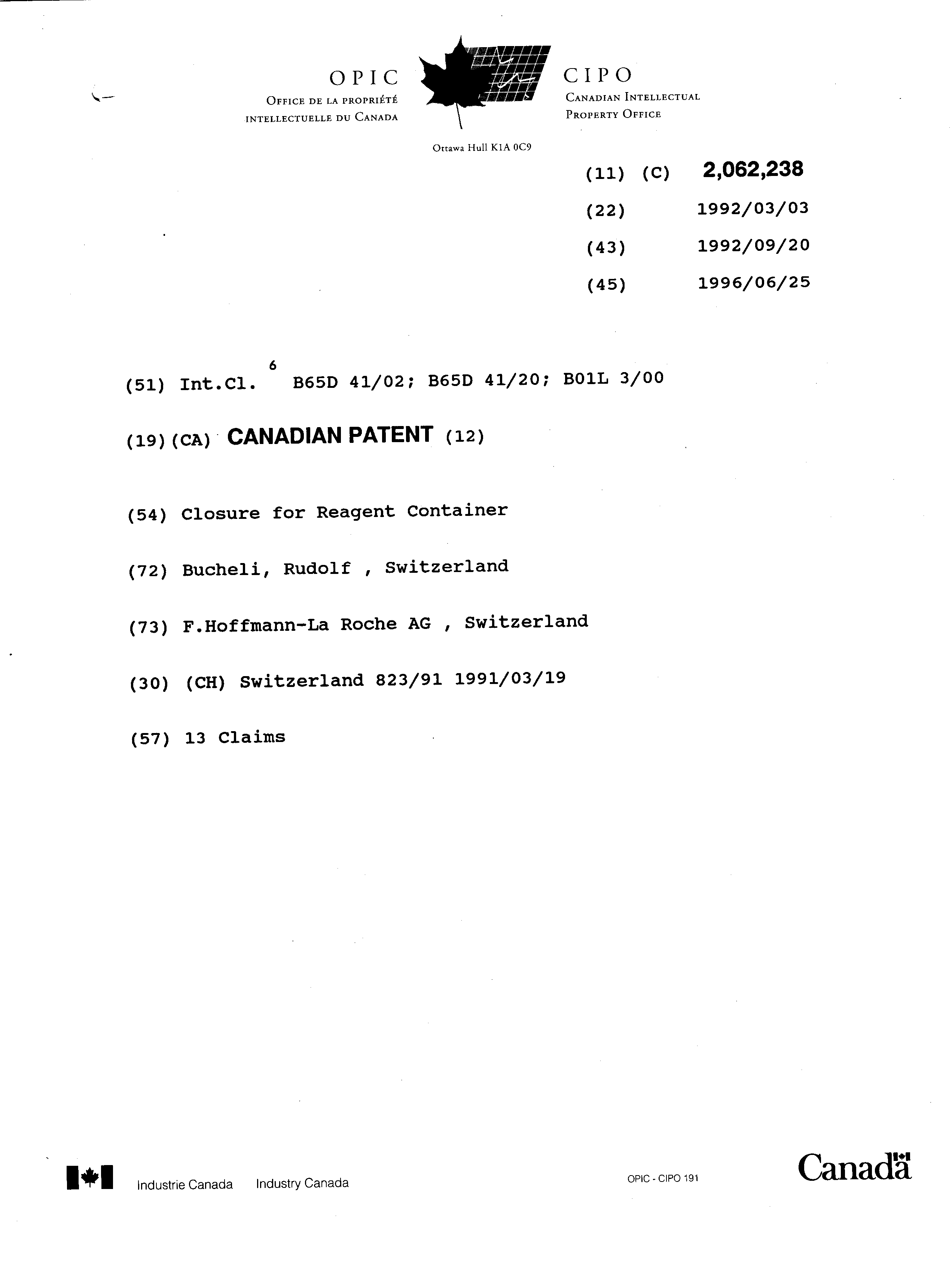 Canadian Patent Document 2062238. Cover Page 19951225. Image 1 of 1