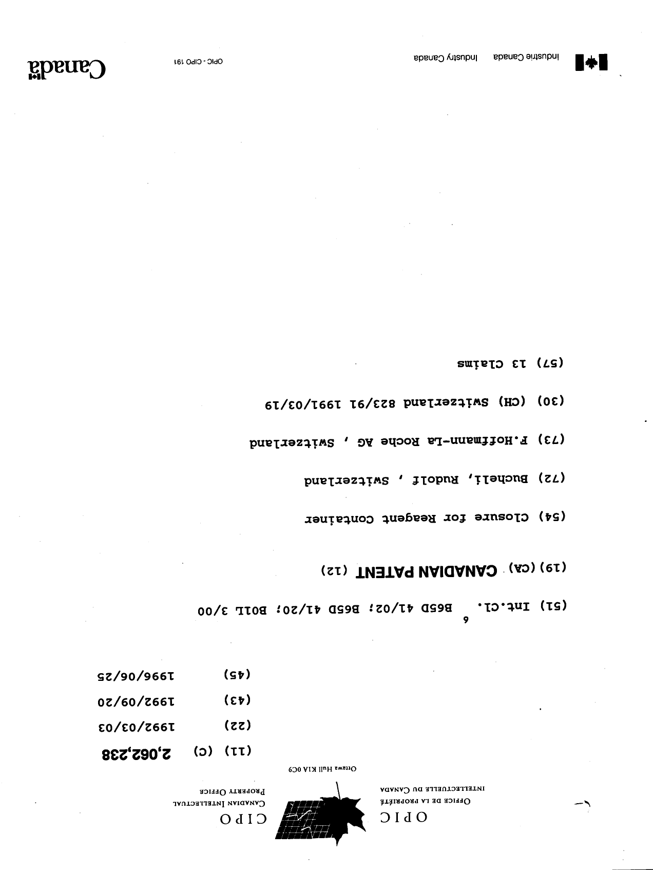 Document de brevet canadien 2062238. Page couverture 19951225. Image 1 de 1