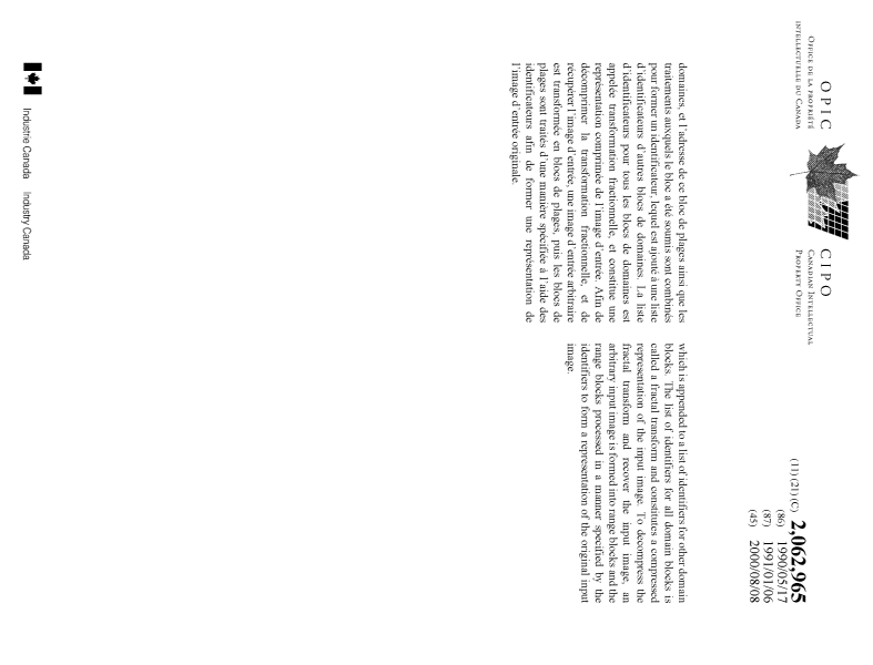 Document de brevet canadien 2062965. Page couverture 19991226. Image 2 de 2