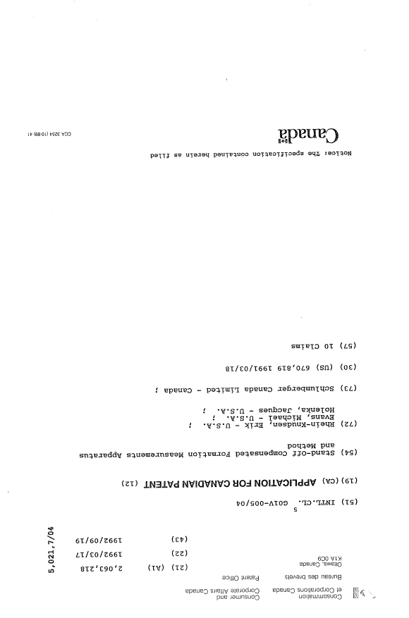 Canadian Patent Document 2063218. Cover Page 19940409. Image 1 of 1