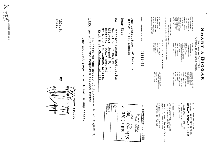Document de brevet canadien 2063218. Correspondance de la poursuite 19951207. Image 1 de 1