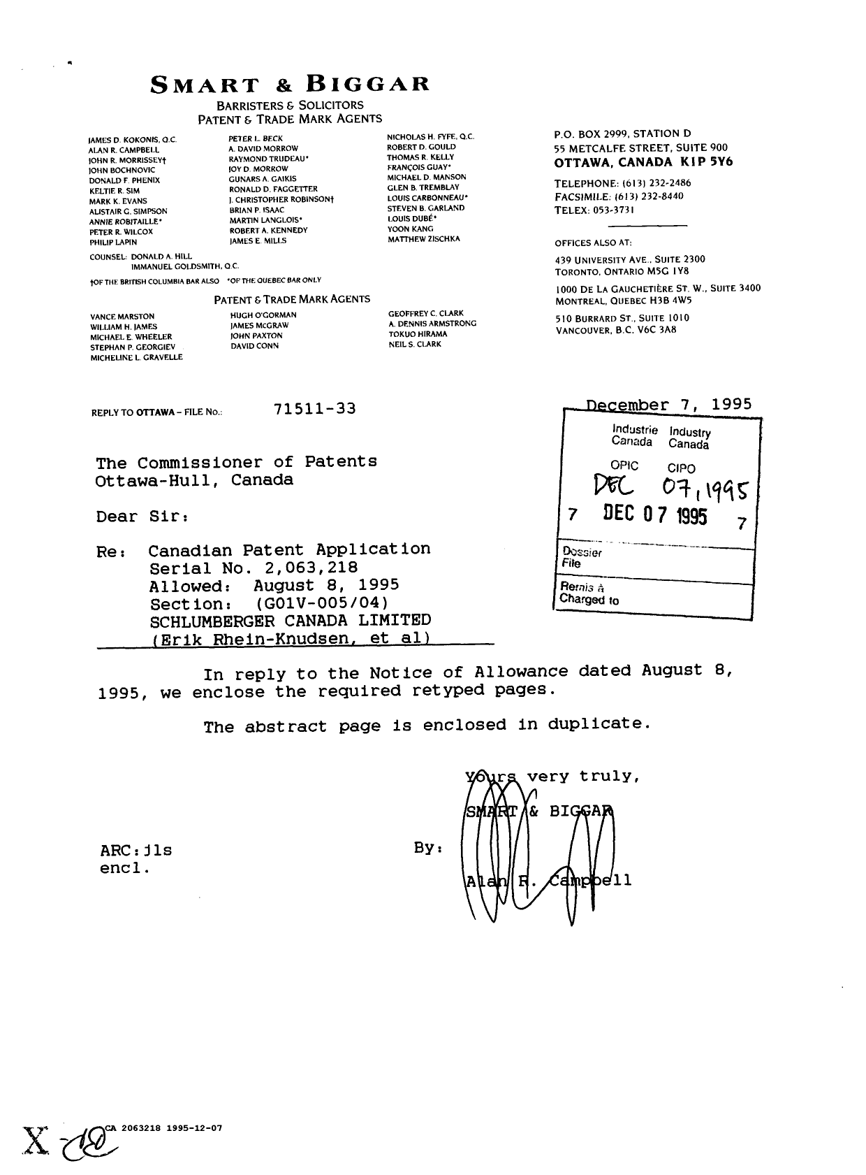 Document de brevet canadien 2063218. Correspondance de la poursuite 19951207. Image 1 de 1