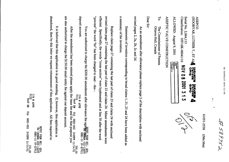 Document de brevet canadien 2064115. Correspondance 20011108. Image 1 de 2
