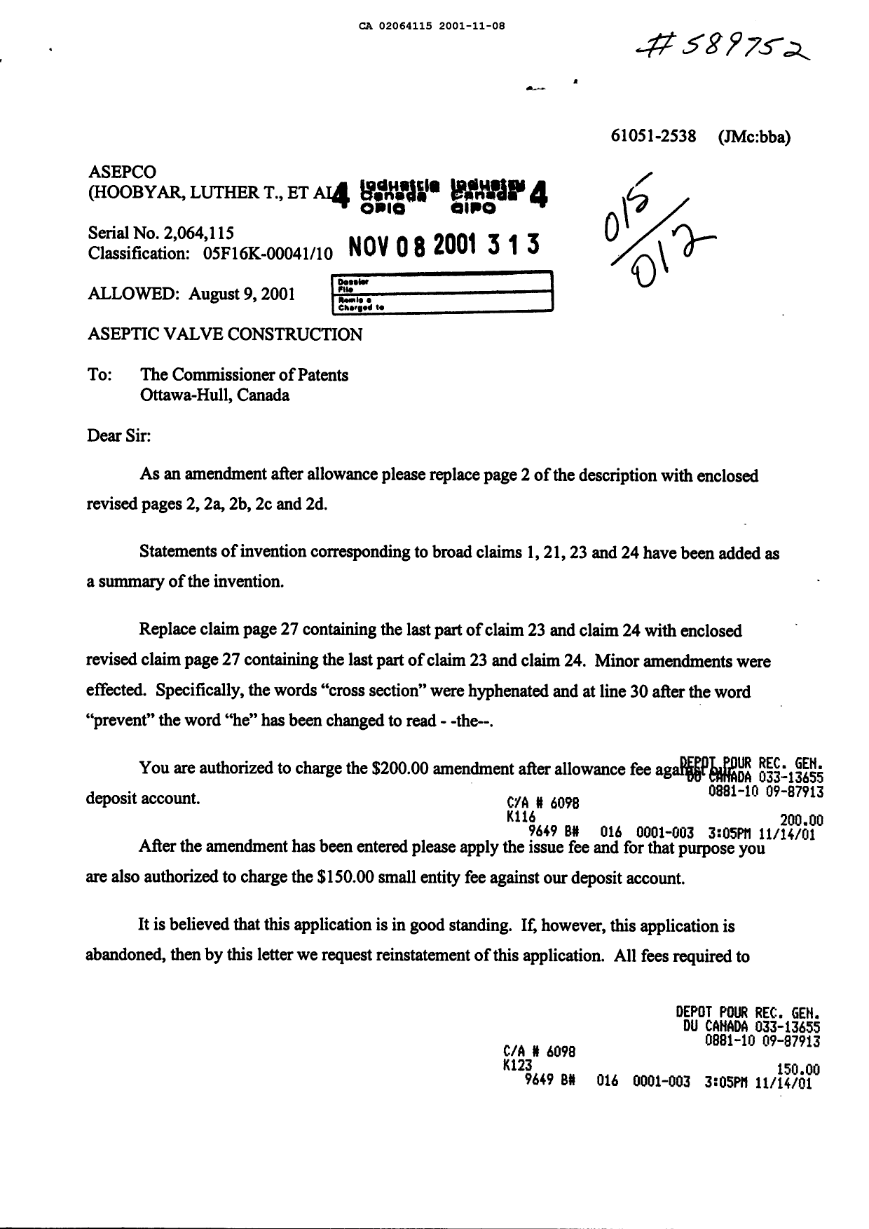 Document de brevet canadien 2064115. Correspondance 20011108. Image 1 de 2