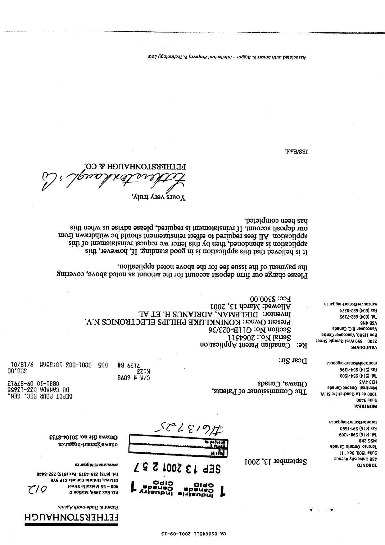 Canadian Patent Document 2064511. Correspondence 20001213. Image 1 of 1