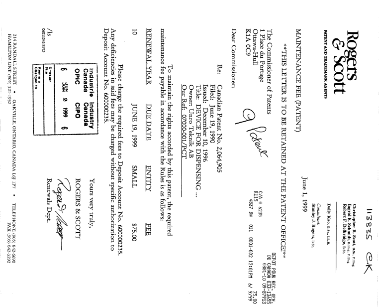 Document de brevet canadien 2064905. Taxes 19990602. Image 1 de 1