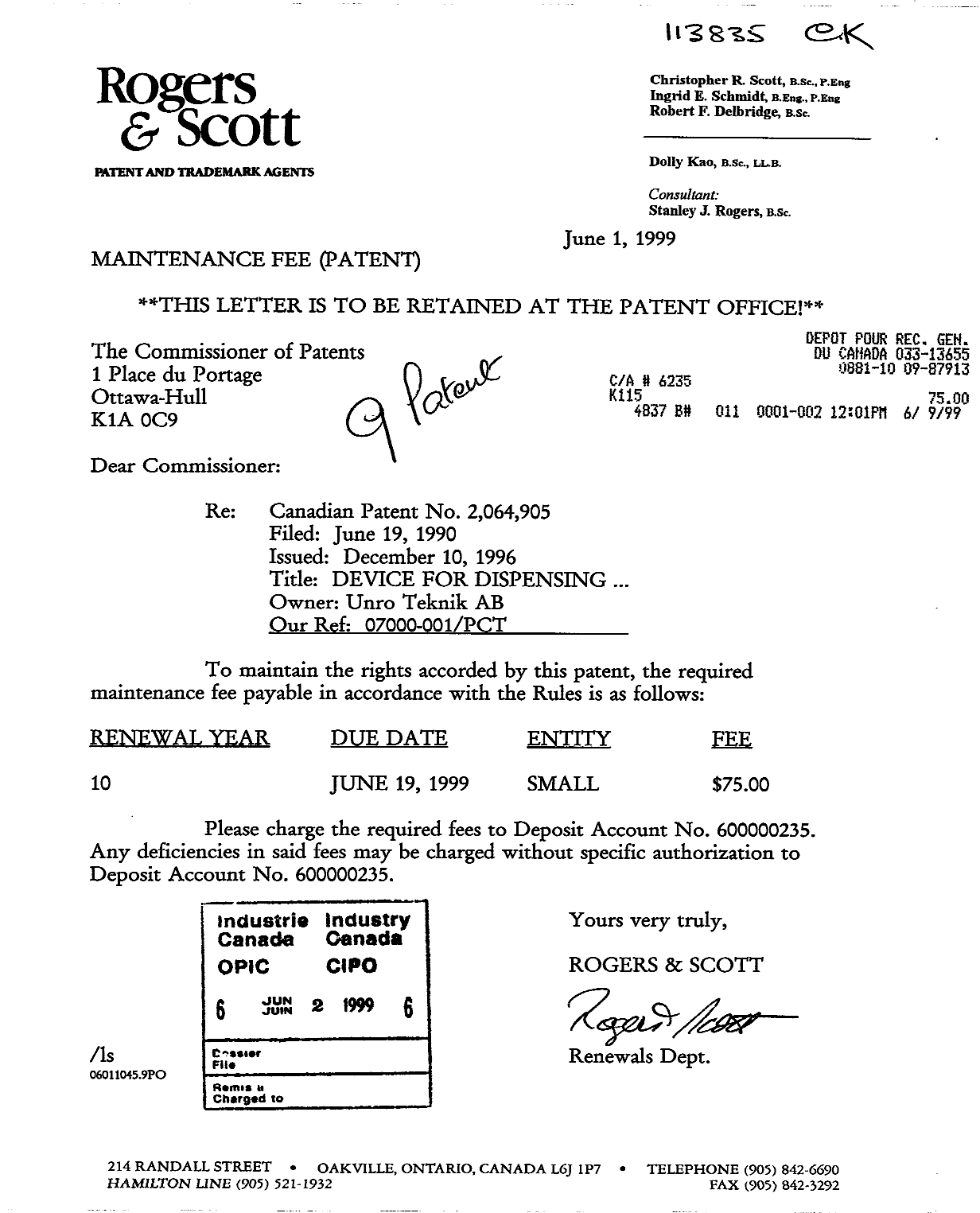 Document de brevet canadien 2064905. Taxes 19990602. Image 1 de 1