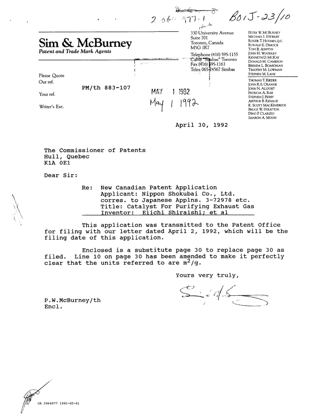 Canadian Patent Document 2064977. Prosecution Correspondence 19920501. Image 1 of 1
