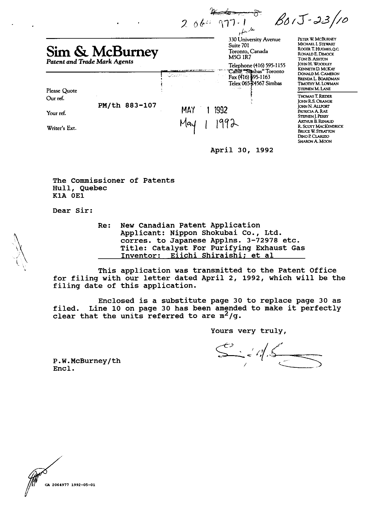 Document de brevet canadien 2064977. Correspondance de la poursuite 19920501. Image 1 de 1