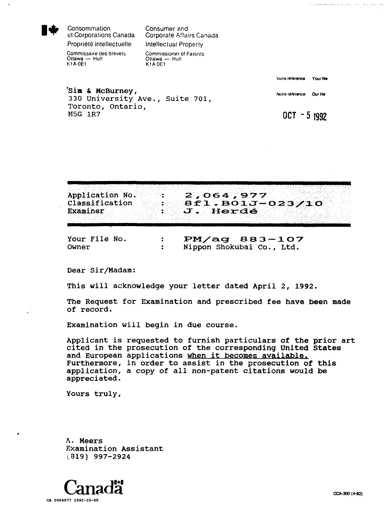 Document de brevet canadien 2064977. Lettre du bureau 19921005. Image 1 de 1