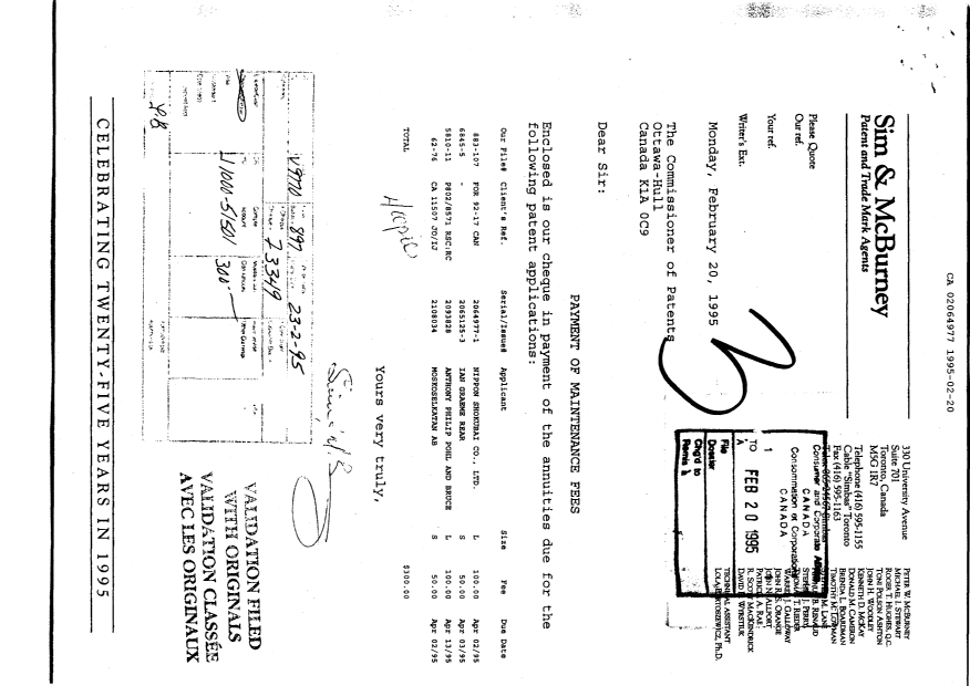 Document de brevet canadien 2064977. Taxes 19950220. Image 1 de 1