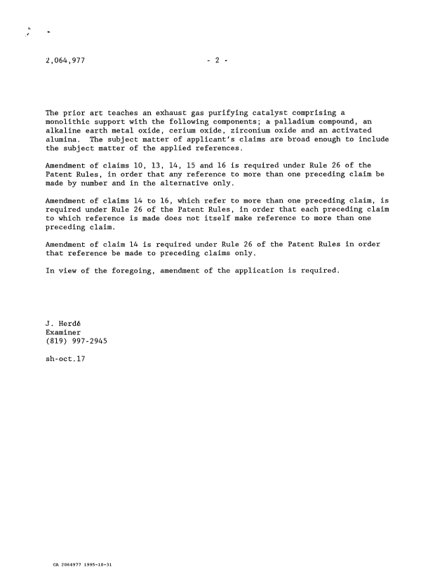 Document de brevet canadien 2064977. Demande d'examen 19951031. Image 2 de 2