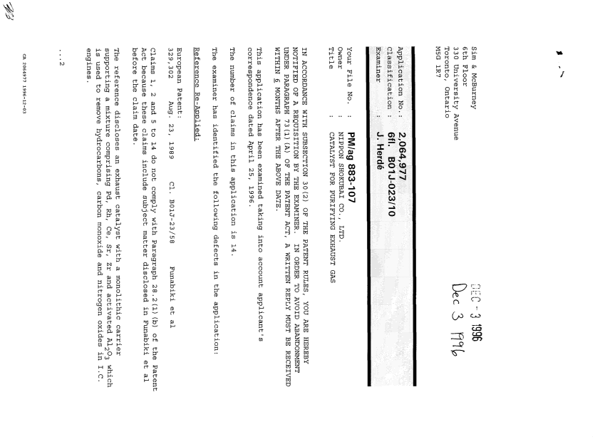 Document de brevet canadien 2064977. Demande d'examen 19961203. Image 1 de 2
