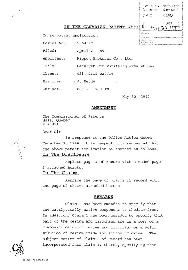 Canadian Patent Document 2064977. Prosecution Correspondence 19970530. Image 1 of 2