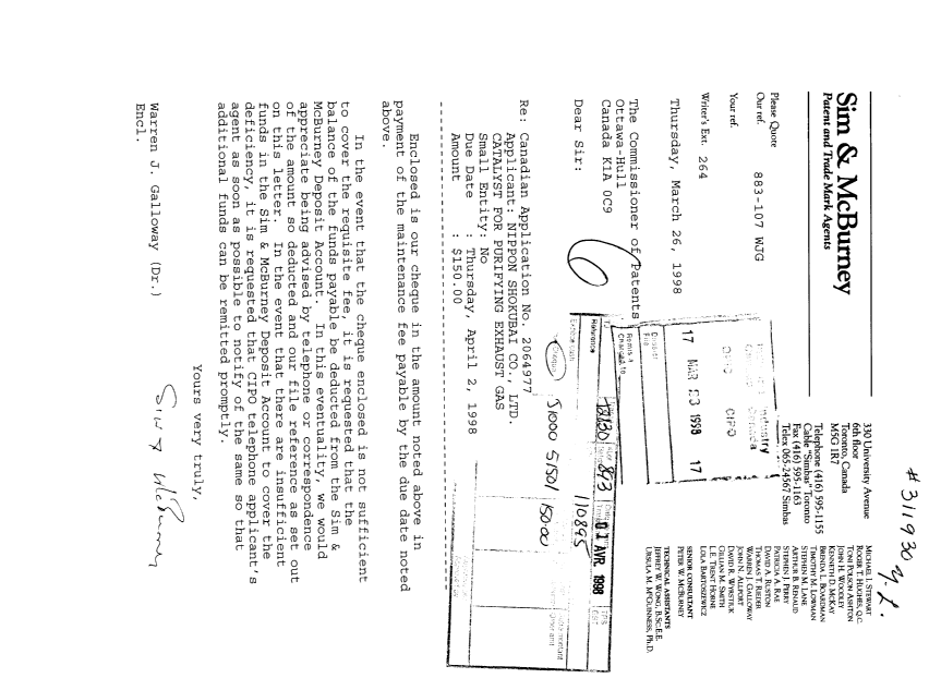 Document de brevet canadien 2064977. Taxes 19980326. Image 1 de 1