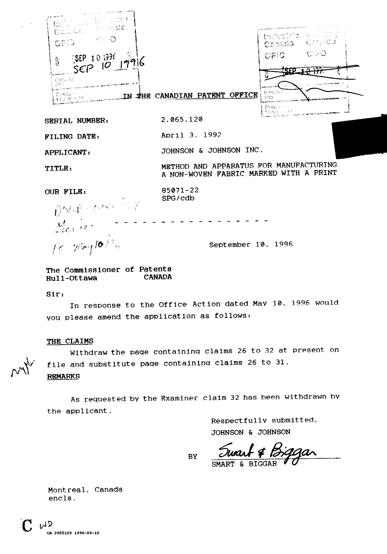Canadian Patent Document 2065120. Prosecution Correspondence 19960910. Image 1 of 1