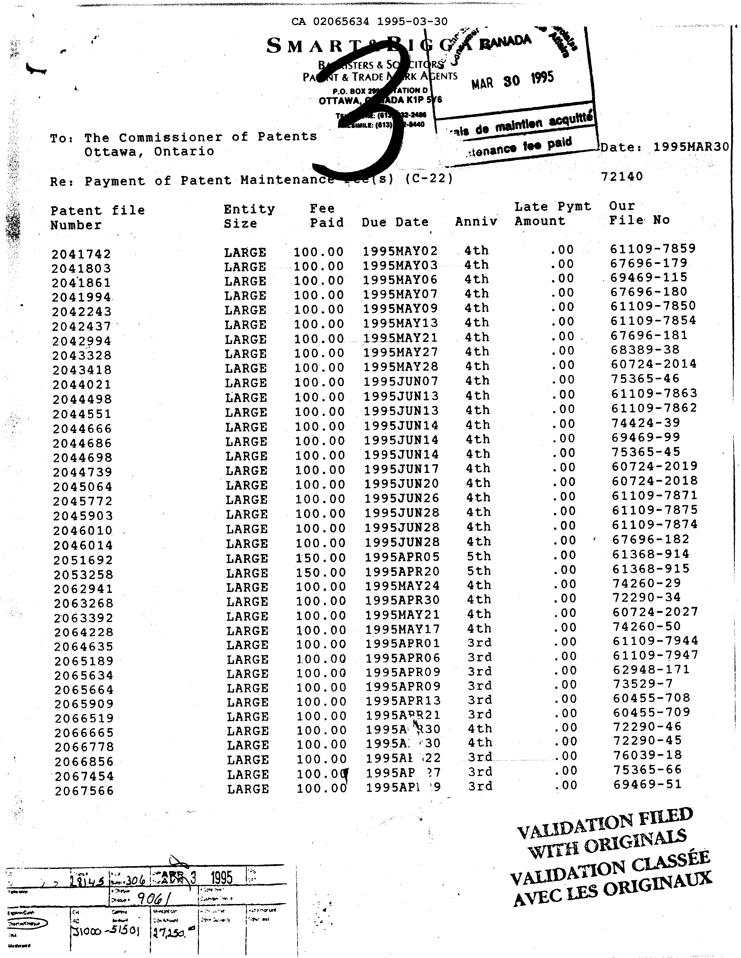 Document de brevet canadien 2065634. Taxes 19950330. Image 1 de 1